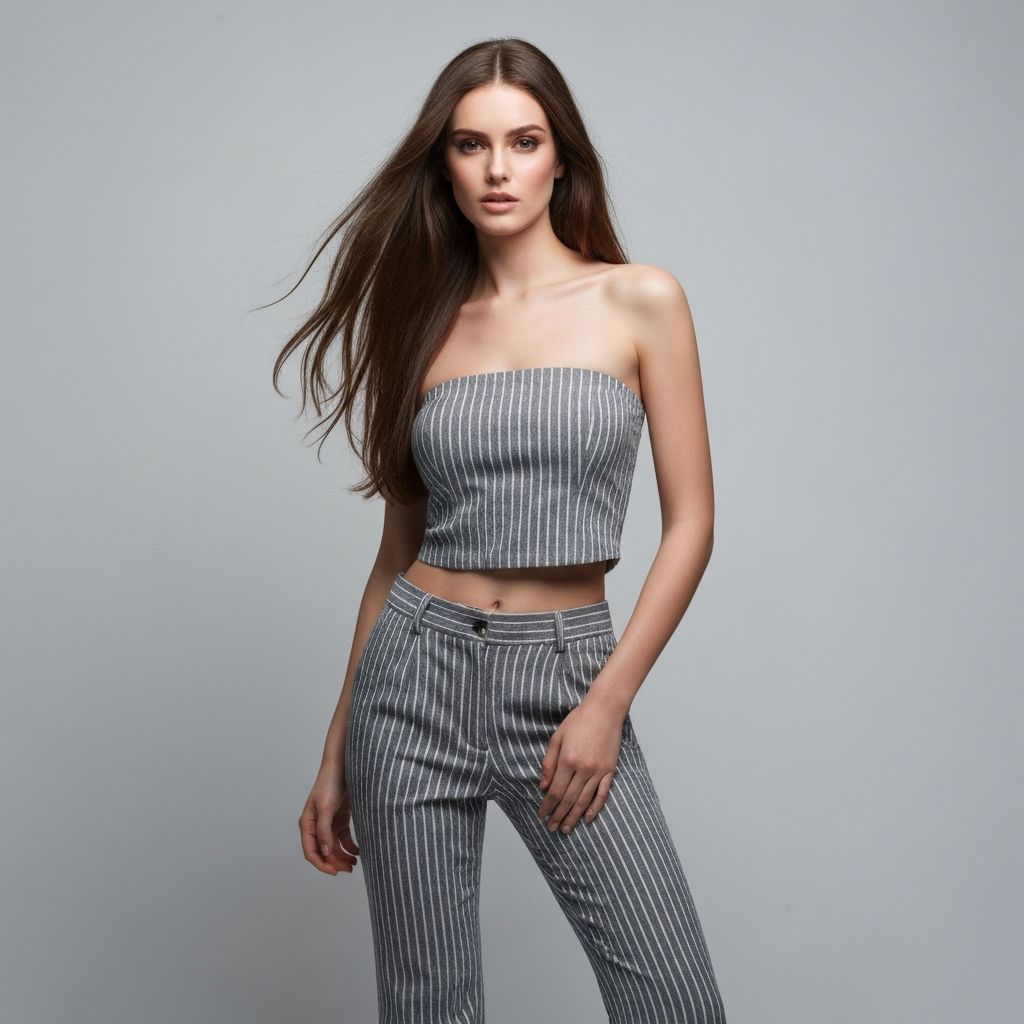 Model in striped strapless set
