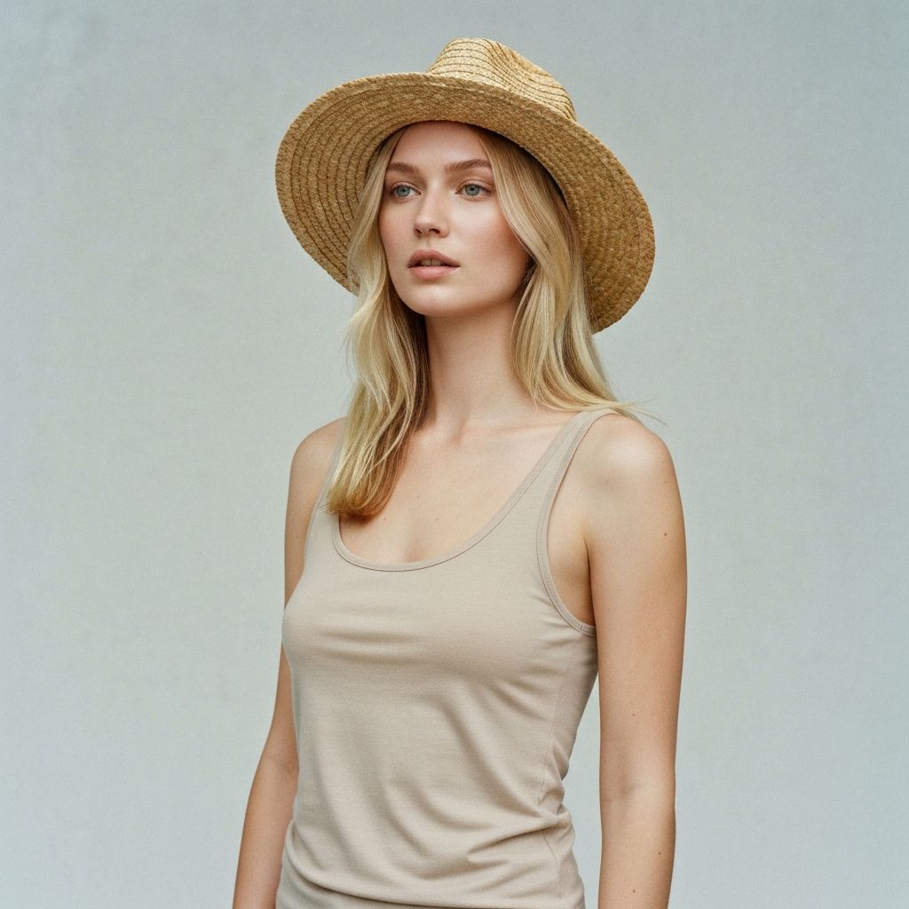 Model in beige tank and straw hat