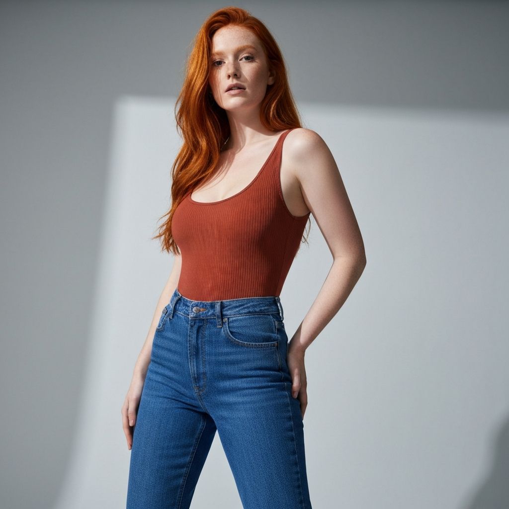 Model in terracotta bodysuit